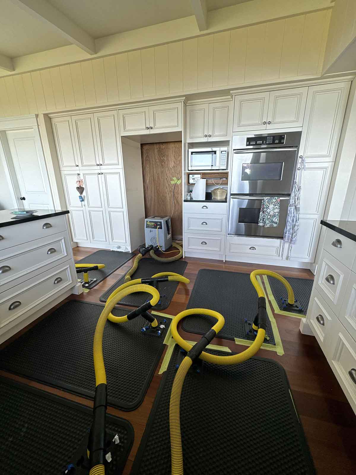 A kitchen filled with vaccums for water damage restoration, done by The Whole Show Restorations.
